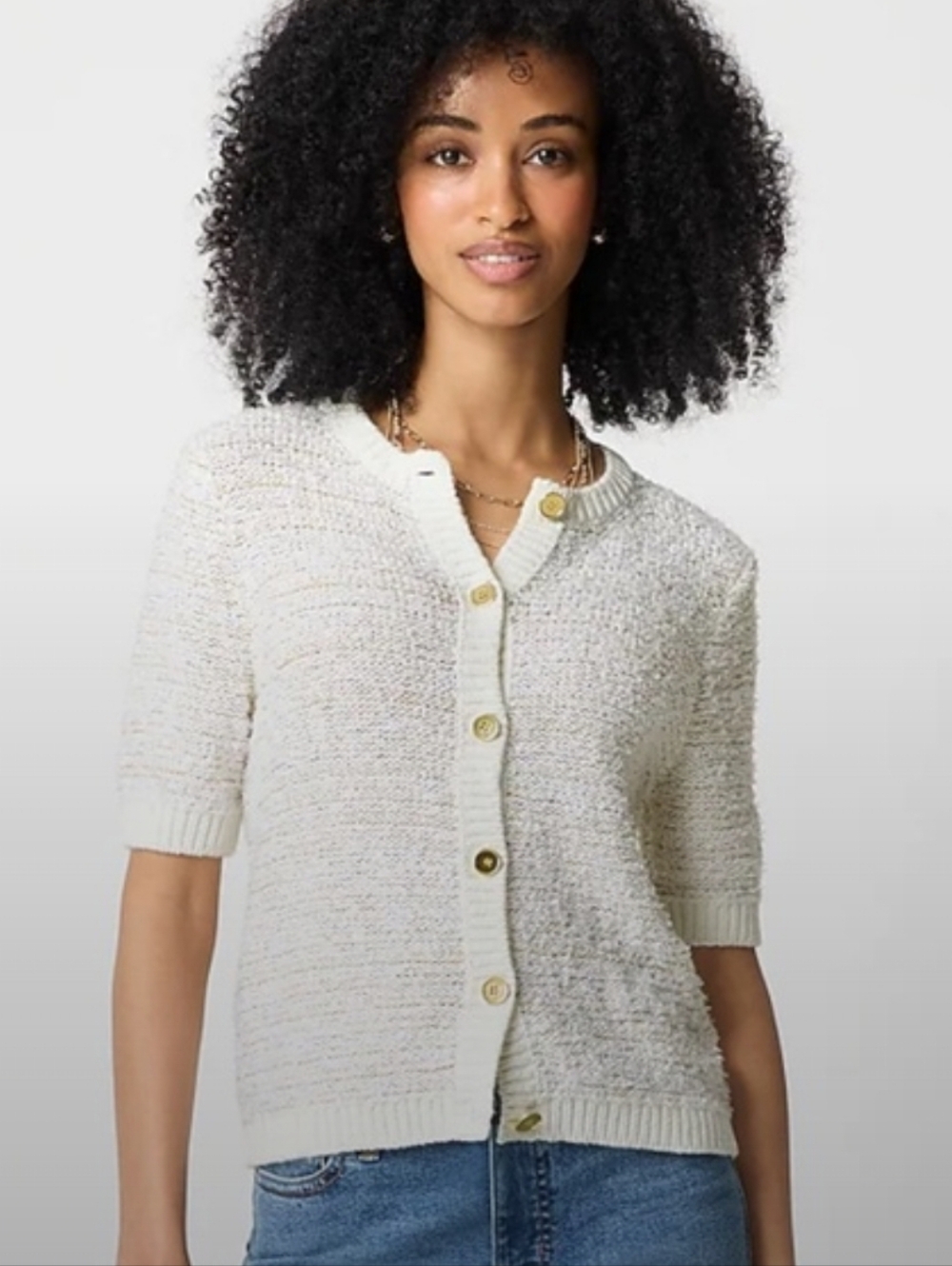 J. Crew Factory Cream Textured Short-Sleeve Cardigan